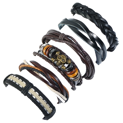 Punk Vintage Braided Leather Bracelet Collection For Men Women Alloy Skull Charm Multilayer Wrap Cord Bracelet Fashion Jewelry