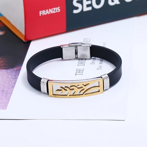 Bracciale da Uomo in Acciaio al Titanio e Silicone Oro Cavo Motivo Grano Punk Moda Braccialetto Gomma Nera Gioielli