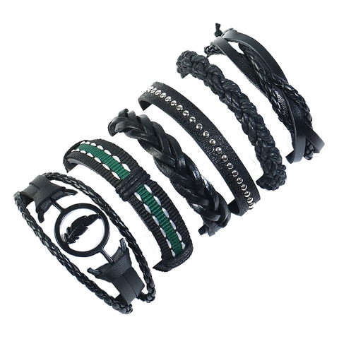 Bracciale Vintage in Pelle Intrecciata da Uomo Bracciale in Pelle Bovina Multistrato Con Ciondolo a Piuma in Lega Punk
