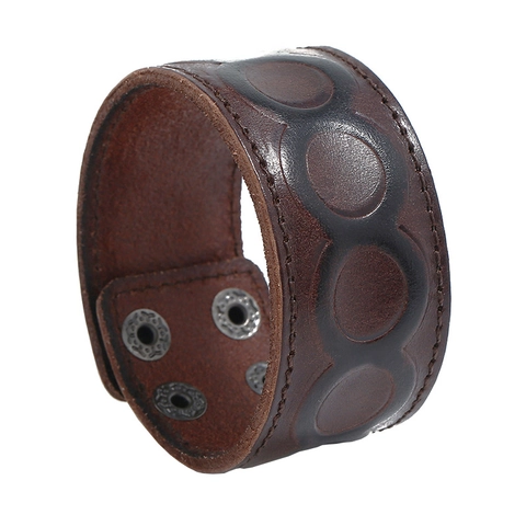 Bracciale Largo in Pelle di Vacchetta Vintage Punk da Uomo Fibbia in Lega Modello Geometrico Goffrato Gioielleria di Moda