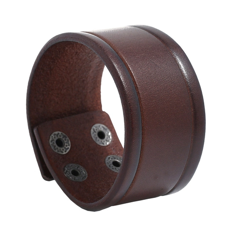 Bracelet Large en Cuir de Vachette Vintage pour Hommes Style Punk Manchette Fait Main Avec Bouton Pression en Métal Réglable Bijoux Rétro
