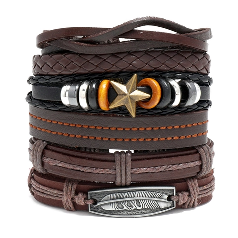 Men's Retro Braided Leather Bracelet Multilayer Cowhide Hand Rope With Star Feather Alloy Charms Bohemian Style Jewelry Gift