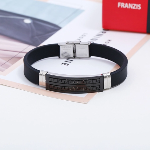 Bracciale in Silicone da Uomo con Piastra in Acciaio Inossidabile a Motivo Greca Braccialetto Stile Punk Gioielli Regalo Uomo