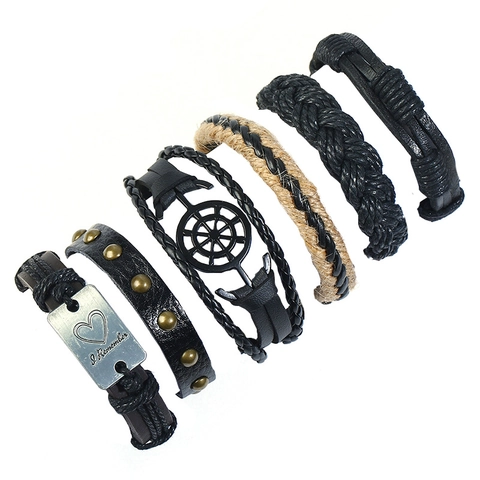 Men Retro Woven Leather Bracelet Punk Multilayer Cowhide Hemp Rope Alloy Helm Heart Charm Fashion Jewelry