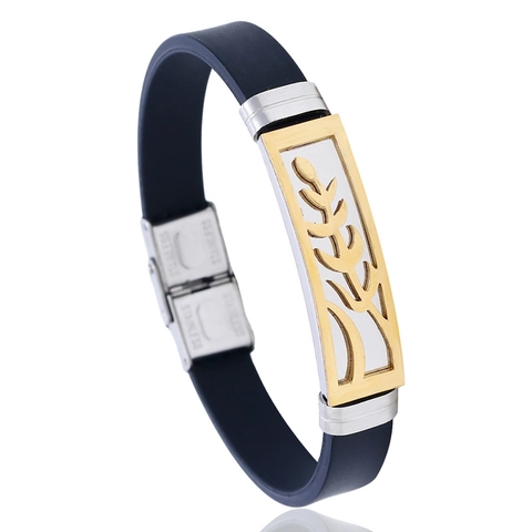 Bracciale da Uomo in Acciaio al Titanio e Silicone Oro Cavo Motivo Grano Punk Moda Braccialetto Gomma Nera Gioielli