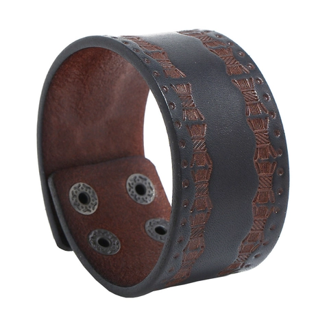 Pulsera de Piel de Vaca Retro Punk Ancha con Relieve Geométrico Hebilla de Metal Ajustable Joyería Rock Unisex Diario