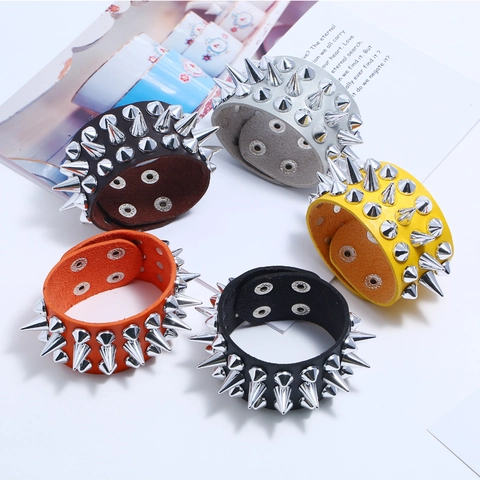 Punk Rock Breites Kunstleder Armband Für Herren Damen Mit Metall Nieten Stachel Verstellbares Druckknopf Manschetten Armband Gothic Schmuck