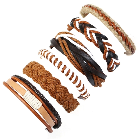 Heren Vintage Gevlochten Armband Multi-Layer Rundleer Hennep Touw Boheems Verstelbaar Punk Handgeweven Sieraden