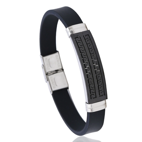 Bracciale in Silicone da Uomo con Piastra in Acciaio Inossidabile a Motivo Greca Braccialetto Stile Punk Gioielli Regalo Uomo