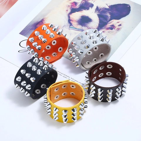 Punk Rock Wide Leather Bracelet With Three Rows Conical Spike Rivets Vintage Adjustable Snap Button Bracelet For Men Women