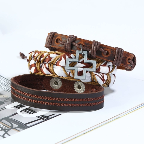 Set di Braccialetti in Pelle Intrecciata a Mano Vintage per Uomo Donna Multistrato Pendente a Croce in Lega Gioielli Punk