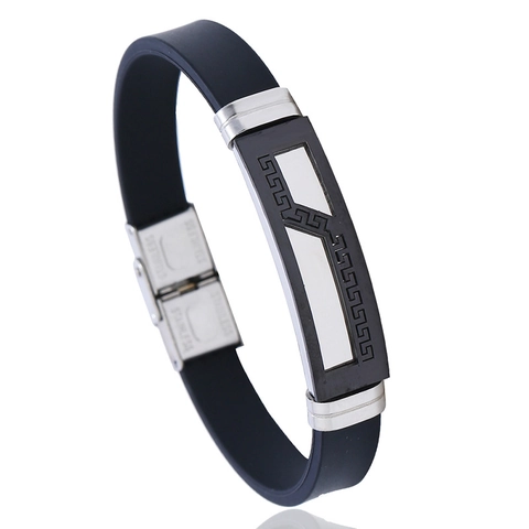 Men's Punk Stainless Steel Silicone Bracelet Vintage Greek Key Meander Pattern Wristband Fashion Sporty Casual Bangle Jewelry Accessory