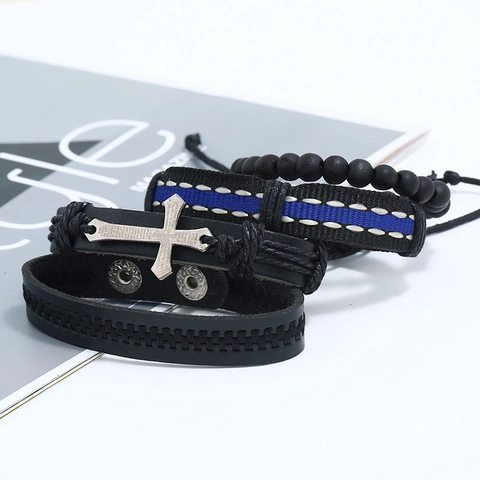 Vintage Punk Multi-layer Leather Bracelet Set For Men Women Handwoven Braided Cross Charm Bead Wrap Bracelet Fashion Jewelry