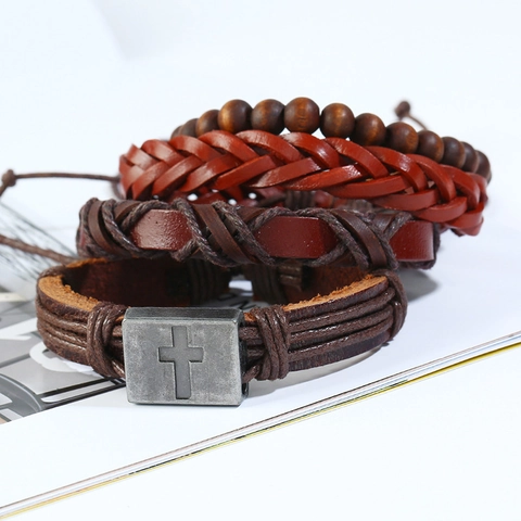 Vintage Handgewebtes Rindsleder Armband Set Damen Herren Kreuz Holzperlen Mehrlagiges Bohemian Punk Stil Verstellbar Schmuck