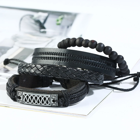 Vintage Leather Woven Multilayer Bracelet Set For Men Women Retro Punk Alloy Charm Wood Bead Adjustble Wristband Jewelry Gift