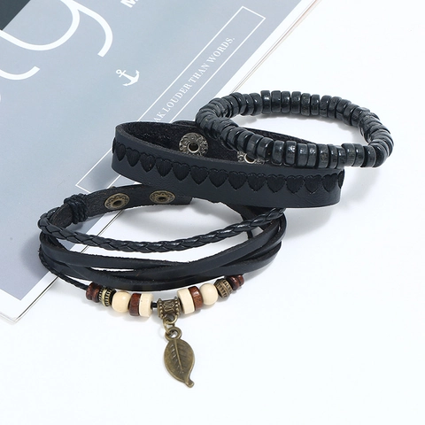 Vintage Punk Mehrlagiges Geflochtenes Rindsleder Armband Set Für Herren Holzperlen Legierung Blatt Anhänger Schmuck
