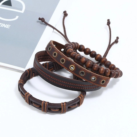 Retro Punk Handmade Woven Cowhide Leather Bracelets Hemp Rope Wooden Beads Braided Multilayer Bohemian Jewelry For Men Women