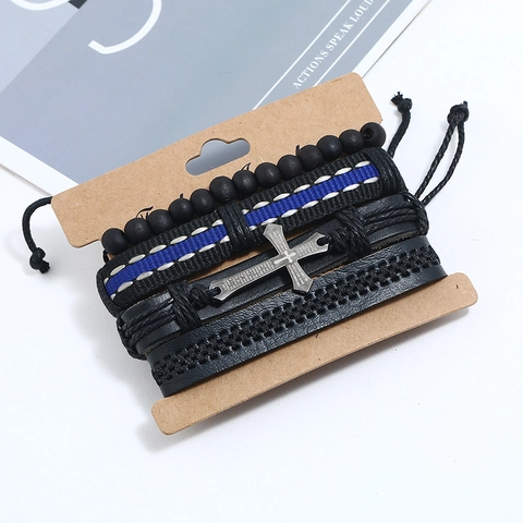 Vintage Punk Multi-layer Leather Bracelet Set For Men Women Handwoven Braided Cross Charm Bead Wrap Bracelet Fashion Jewelry