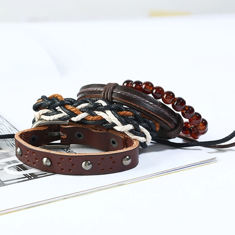 Set di Bracciali in Pelle Punk Vintage da Uomo Intrecciati in Pelle di Vacchetta Rivetti in Lega Perline Multistrato Bracciale Rigido Regolabile Stile Etnico Bohemien