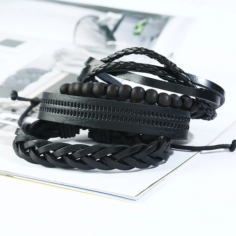 Ensemble de Bracelets Multicouches Tissés en Cuir de Vachette Vintage Bracelet Punk en Cuir Corde de Chanvre Perles en Bois pour Homme Femme