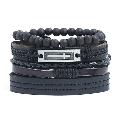 Vintage Punk Mehrlagiges Geflochtenes Rindsleder Armband Set Herren Damen Kreuz Metall Anhänger Holzperlen Handgefertigtes Schmuck