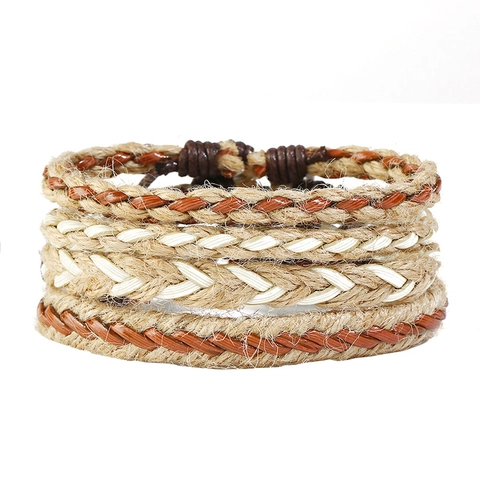 Herren Vintage Geflochtenes Armband Set Kunstleder Hanfseil Holzperlen Legierung Bohemian Verstellbares Ethno Schmuck Armband