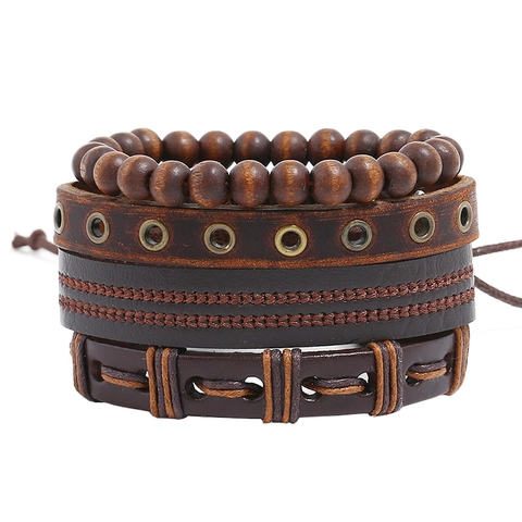 Retro Punk Handmade Woven Cowhide Leather Bracelets Hemp Rope Wooden Beads Braided Multilayer Bohemian Jewelry For Men Women
