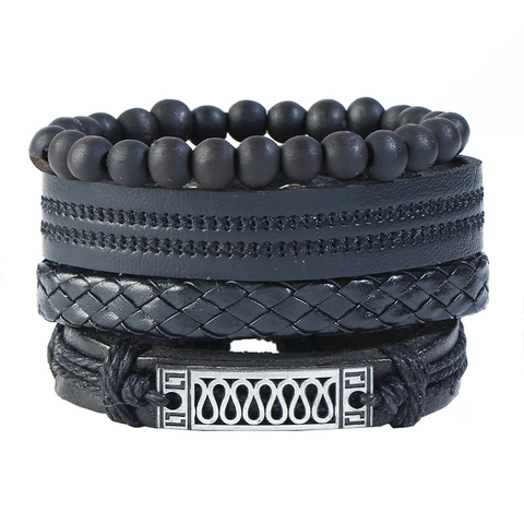 Vintage Leather Woven Multilayer Bracelet Set For Men Women Retro Punk Alloy Charm Wood Bead Adjustble Wristband Jewelry Gift