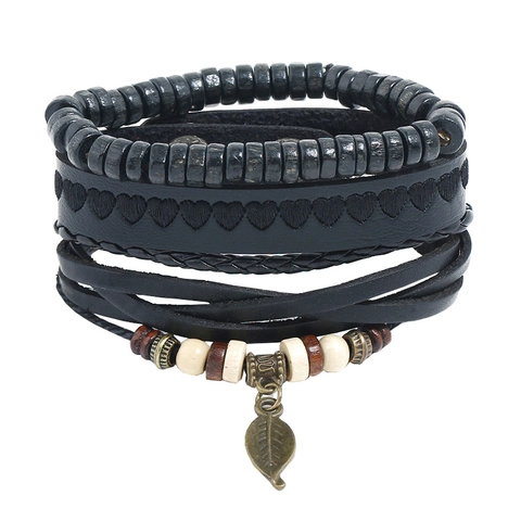 Vintage Punk Mehrlagiges Geflochtenes Rindsleder Armband Set Für Herren Holzperlen Legierung Blatt Anhänger Schmuck