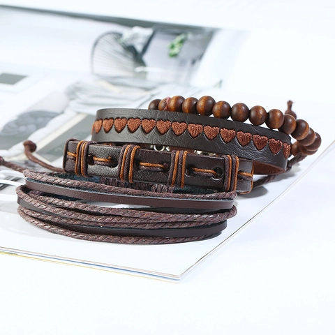 Men Retro Braided Leather Bracelet Set Vintage Bohemian Punk Multi-layer Adjustable Bracelet Daily Wear Party Jewelry For Unisex