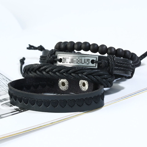 Vintage Punk Geflochtenes Rindsleder Armband Set Legierung Metall Anhänger Holzperlen Verstellbar Hanfseil Unisex Schmuck
