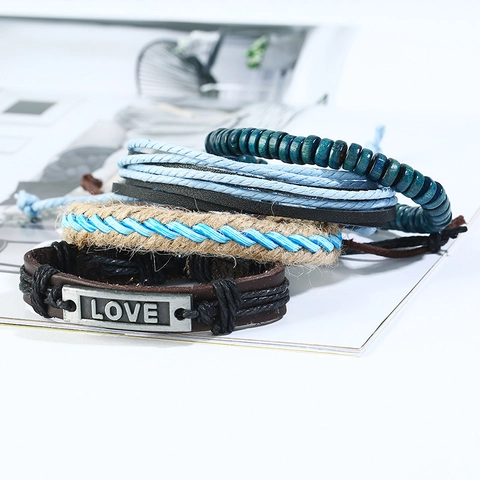 Vintage Men Punk Multi-layer Leather Bracelet Set Braided Hemp Rope Wood Beads Love Metal Plate Bohemian Wristband Jewelry