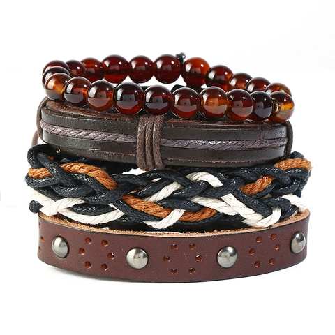 Set di Bracciali in Pelle Punk Vintage da Uomo Intrecciati in Pelle di Vacchetta Rivetti in Lega Perline Multistrato Bracciale Rigido Regolabile Stile Etnico Bohemien