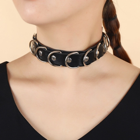 Collar Gargantilla de Cuero Punk Gótico para Mujeres Hombres Collar de Remaches con Anillo de Aleación Joyería de Fiesta