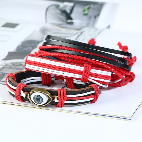Vintage Geflochtenes Leder Armband Set Mit Böser Blick Für Damen Herren Handgefertigt Hanfseil Legierung Anhänger Ethno Schmuck