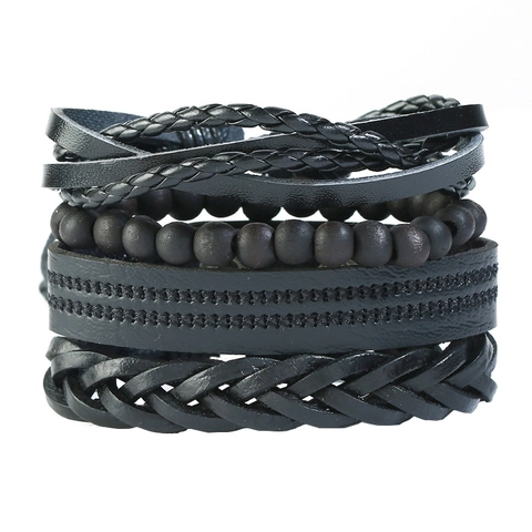 Ensemble de Bracelets Multicouches Tissés en Cuir de Vachette Vintage Bracelet Punk en Cuir Corde de Chanvre Perles en Bois pour Homme Femme