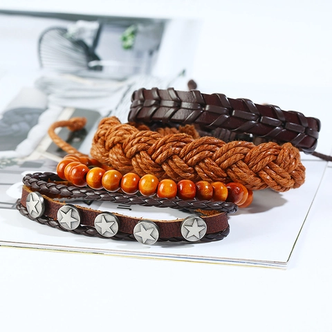 Punk Retro Braided Leather Bracelet Multilayer Men Bohemian Wood Bead Star Charm Wrap Wristband DIY Men Fashion Jewelry