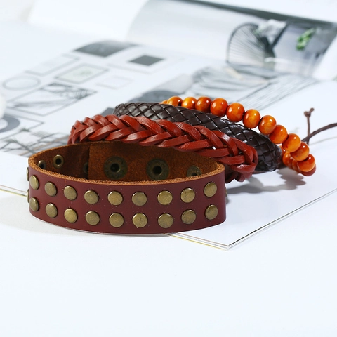 Vintage Men Multi Layer Braided Leather Bracelet Cowhide Wood Bead Rivet Punk Style Hand Jewelry Adjustable Strap