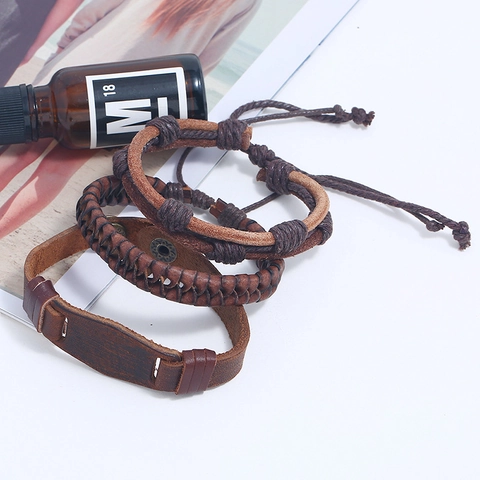 Bracciale in Pelle Vintage da Uomo Intrecciato in Pelle di Vacchetta Corda di Canapa PU Multistrato Regolabile Etnico Gioielli