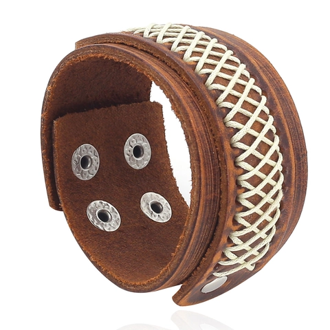 Vintage Breites Handgefertigtes Gewebtes Rindsleder Armband Punk Rock Manschettenarmband Mit Metallknöpfen Für Herren Damen Schmuck