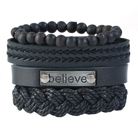 Set di Braccialetti da Uomo in Pelle Bovina Intrecciata Vintage Con Targhetta in Metallo Believe Perline di Legno Gioielli Punk