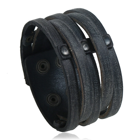 Vintage Punk Men Cowhide Leather Bracelet Wide Multilayer Cuff Bracelet With Metal Rivets Distressed Finish Jewelry