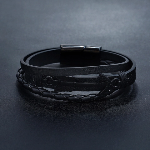 Vintage Punk Mehrlagiges Rindsleder Armband Für Herren Edelstahl Magnetverschluss Geflochtenes Handgelenkband Pfeil Schmuck