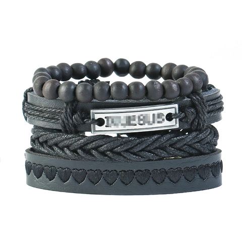 Vintage Punk Geflochtenes Rindsleder Armband Set Legierung Metall Anhänger Holzperlen Verstellbar Hanfseil Unisex Schmuck