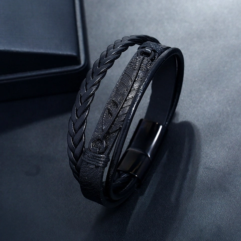 Men Multi Layer Woven Leather Bracelet Titanium Steel Feather Charm Magnetic Clasp Retro Punk Jewelry Gift For Men