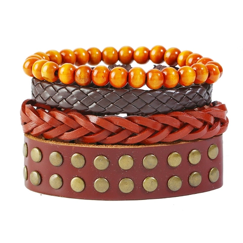 Vintage Men Multi Layer Braided Leather Bracelet Cowhide Wood Bead Rivet Punk Style Hand Jewelry Adjustable Strap