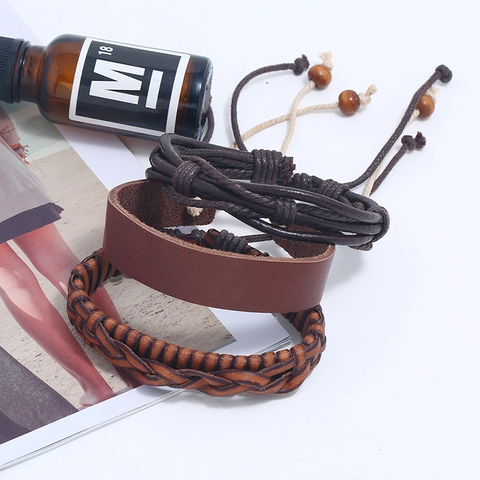 Pulseras de Cuero Trenzado para Hombre Vintage Retro Hechas a Mano Apilables Multicapa Accesorios para Hombre Joyería Casual Regalo