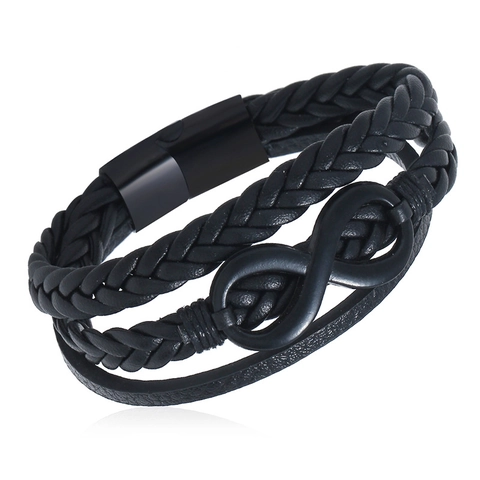 Bracciale da Uomo in Acciaio al Titanio e Pelle Artificiale Intrecciato a Più Strati Simbolo Infinito Fibbia Magnetica Gioielli