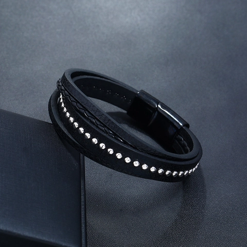 Men Punk Multi-layer Stainless Steel Leather Bracelet Woven Rope With Silver Rivets Black Magnetic Clasp Fashion Jewelry Gift
