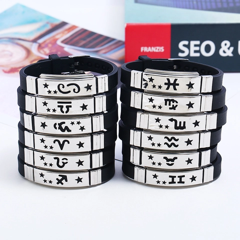 Braccialetto in Silicone con Zodiaco in Acciaio al Titanio Punk per Uomo Donna Moda Costellazione Regolabile Gioielli Regalo di Compleanno